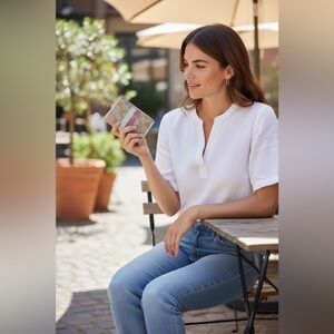 Coach Mini Skinny Keychain Wallet Coin Purse Signature Canvas Pink Tan Stripe